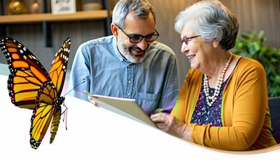 Newsletter signup illustration for Butterfly Guides, featuring seniors and advisors collaborating.