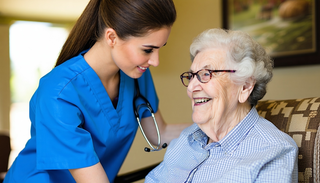 A caregiver assisting an elderly resident in a nur